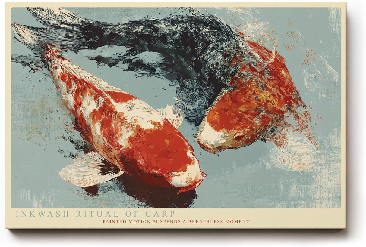 Paul Sinus Wandbild 120x80cm Inkwash Ritual of Carp Japanische Koi Fische Abstrakte Tusche Kunst fuer Wohnzimmer Schlafzimmer und Büro