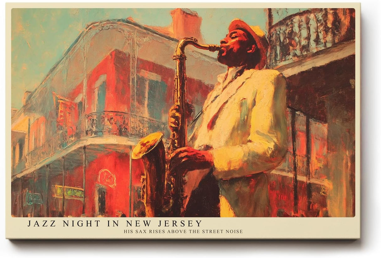 Paul Sinus Wandbild 120x80cm Jazz Musiker Saxophon Szene Vintage Musik Kunst in Rot Gold für Wohnzimmer Bar und Büro