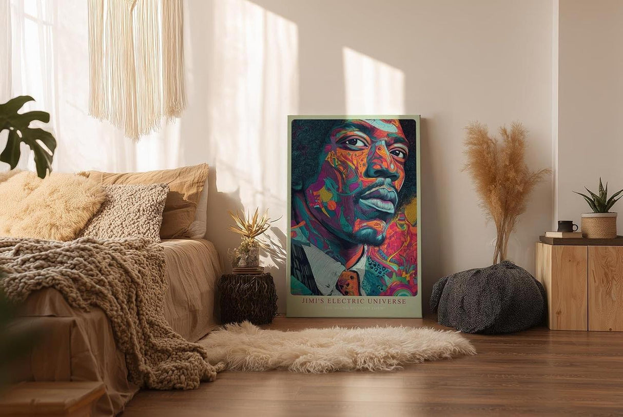 Paul Sinus Wandbild in 40x60cm Jimi's Electric Universe Buntes Musikerportrait mit psychedelischen Mustern