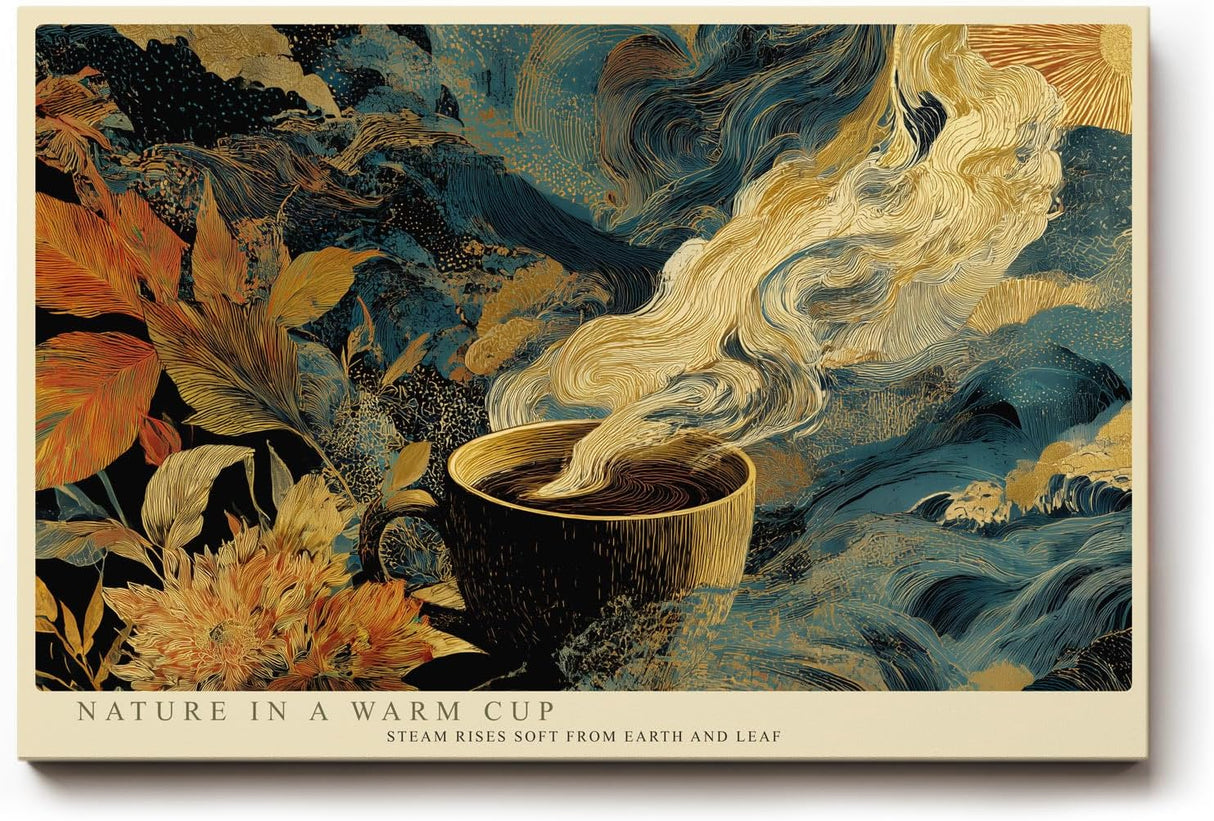Paul Sinus Wandbild 120x80cm Kaffee Natur Illustration Moderne Kunst in Blau Gold und Braun für Wohnzimmer Küche und Büro