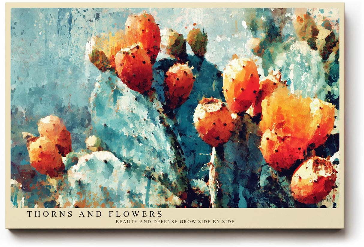 Paul Sinus Wandbild 120x80cm Kaktus Fruechte abstrakte Pflanzenmalerei warme orange gruene Farben moderne Naturkunst Wanddekoration fuer Wohnzimmer Büro