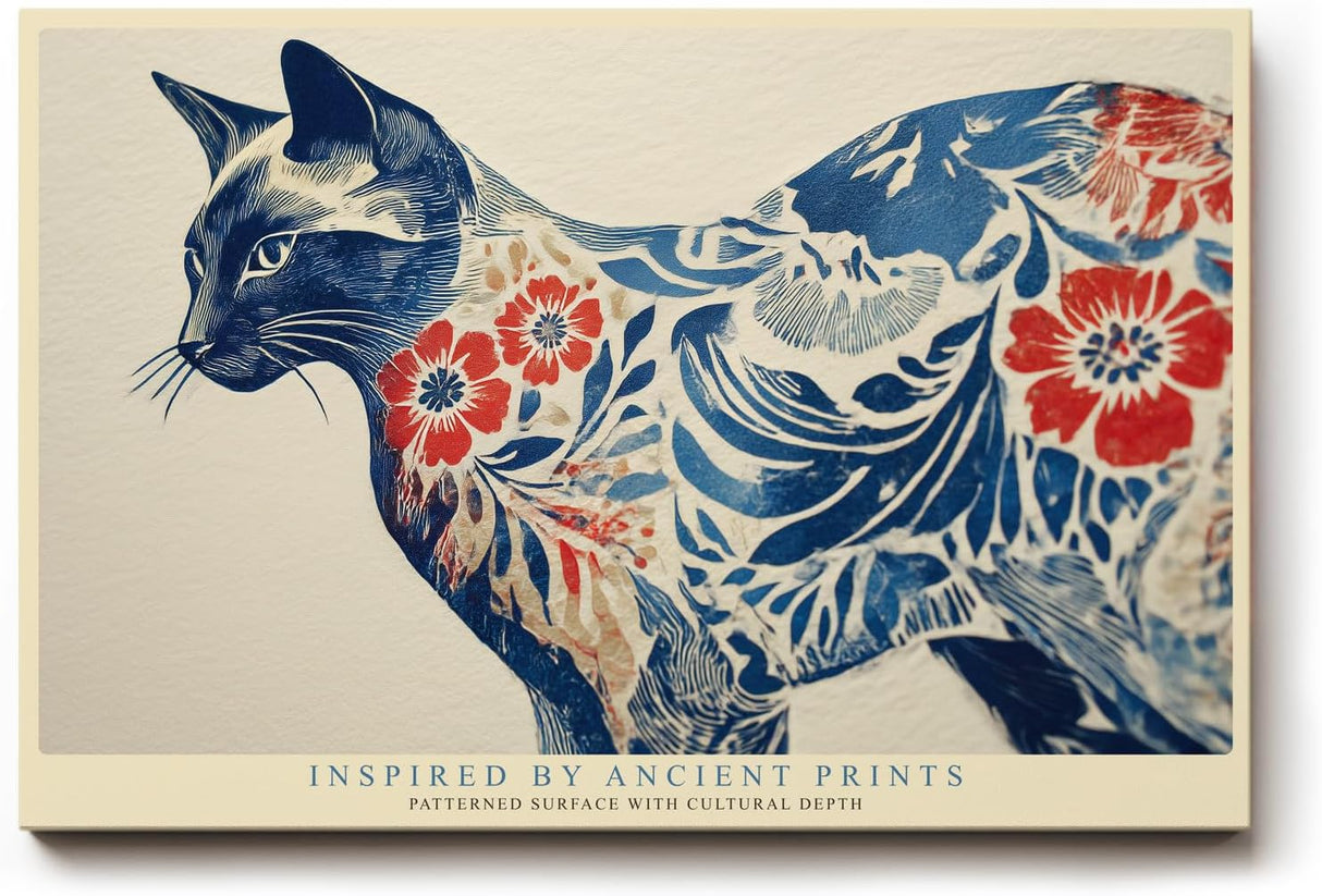 Paul Sinus Wandbild 120x80cm Katze Ornament Muster modern blau rot japanische Kunst Kunstdruck grosses Kunstbild stilvolle Wanddekoration fuer Wohnzimmer Büro