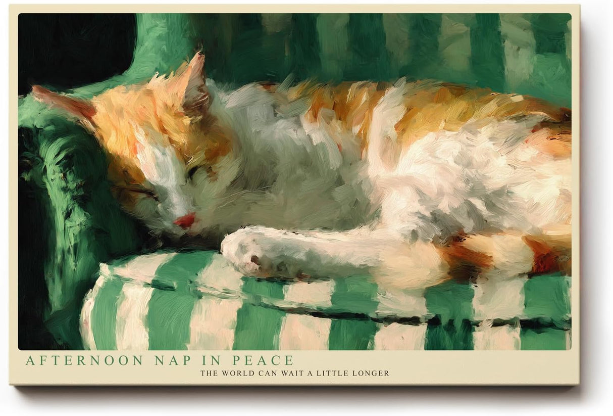 Paul Sinus Wandbild 120x80cm Katze schlafend Illustration modern gruene Couch Kunstdruck grosses Tier Kunstbild warme Wanddekoration fuer Wohnzimmer Büro