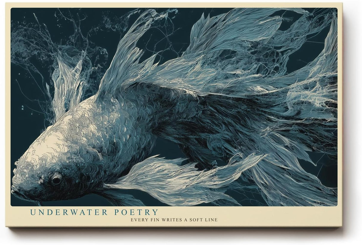 Paul Sinus Wandbild 120x80cm Koi Fisch Unterwasser Kunst eleganter Fisch im Wasser blau graue Farben moderne Natur Wanddekoration fuer Wohnzimmer Büro
