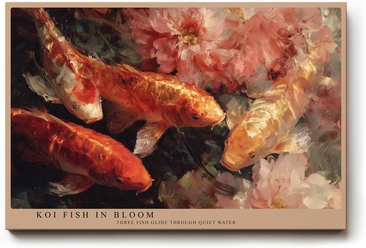 Paul Sinus Wandbild 120x80cm Koi Fische mit Blumen Japanische Naturkunst in Rot Gold Wanddekoration Wohnzimmer