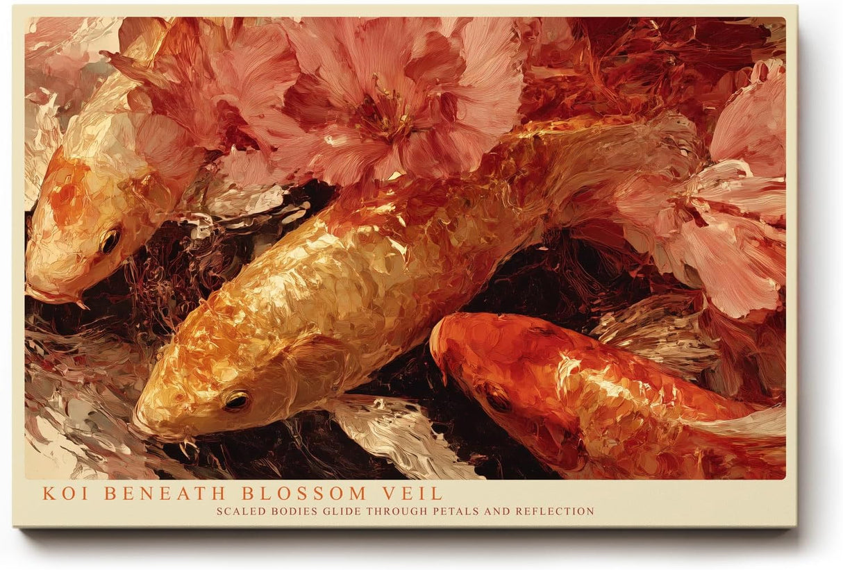 Paul Sinus Wandbild 120x80cm Koi Fische und Kirschblueten Japanische Natur Kunstmotiv Elegante Wasser Szene mit warmen Farben