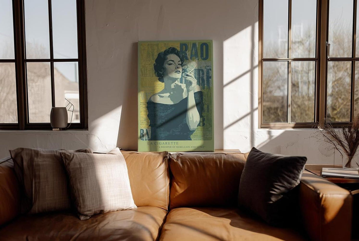 Paul Sinus Wandbild in 40x60cm La Cigarette – elegante Frau im Retro-Stil mit Zigarette, künstlerisches Porträt in Grüntönen