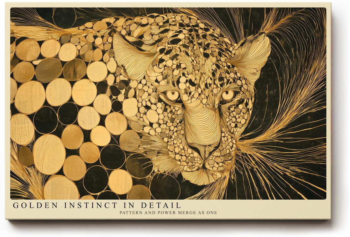 Paul Sinus Wandbild 120x80cm Leopard Portrait gold schwarz moderne Tierkunst Kunstdruck grosses Kunstbild elegante Wanddekoration fuer Wohnzimmer Büro Flur