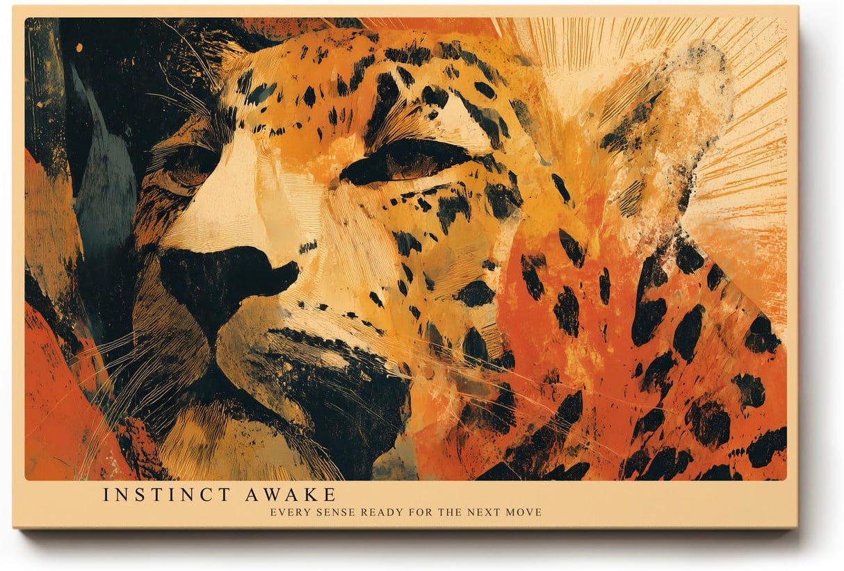 Paul Sinus Wandbild 120x80cm Leopard Portrait moderne Tierkunst orange schwarz abstrakte Wildtier Illustration Wanddekoration fuer Wohnzimmer Büro