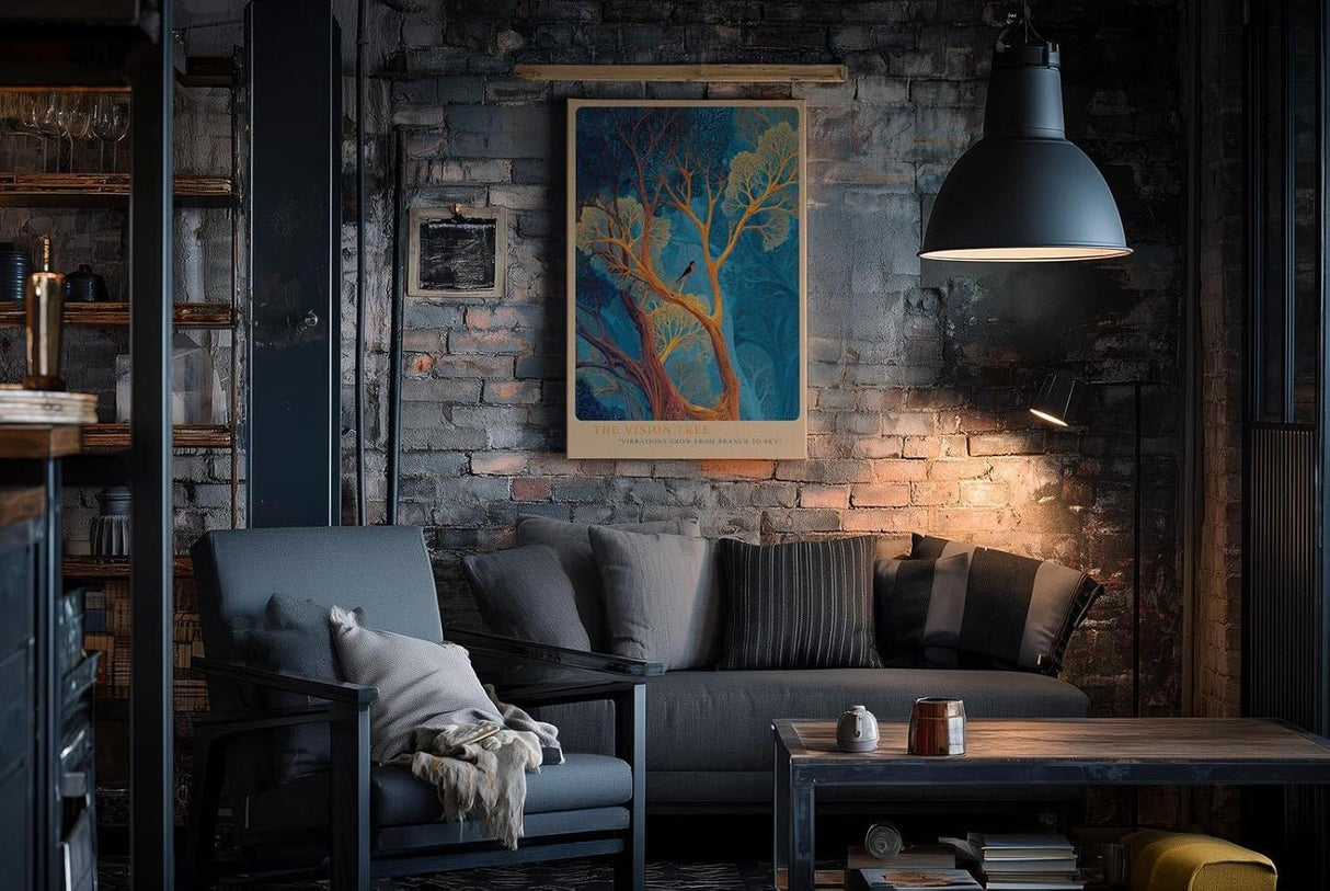 Paul Sinus Wandbild in 40x60cm Leuchtender Baum in Blauund Goldtönen – surrealistisches Kunstwerk mit Vogel im Geäst