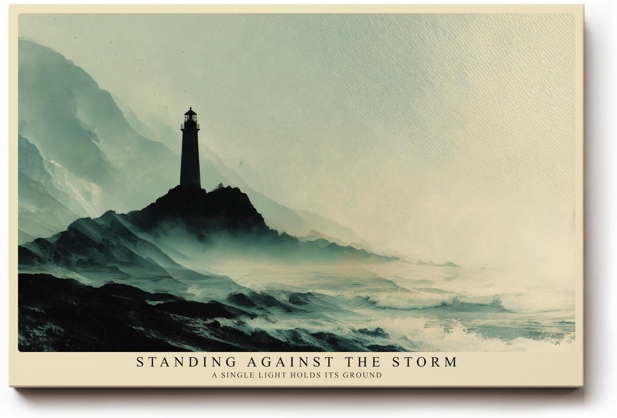 Paul Sinus Wandbild 120x80cm Leuchtturm Kueste dramatische Meereslandschaft Nebel Meer Kunstbild ruhige Natur Wanddekoration fuer Wohnzimmer Büro