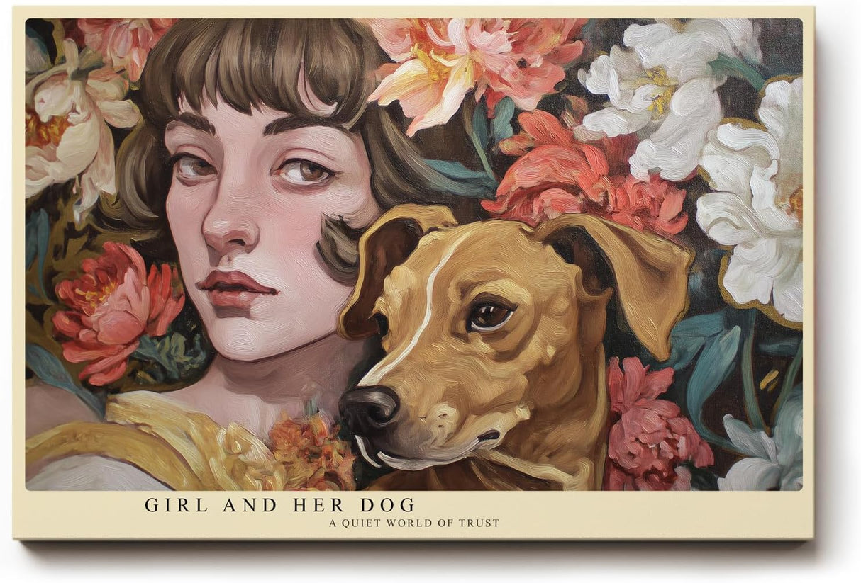 Paul Sinus Wandbild 120x80cm Mädchen Mit Hund Blumen Portrait LeinWandbild 120x80cm Romantische Tier Kunst Wanddekoration