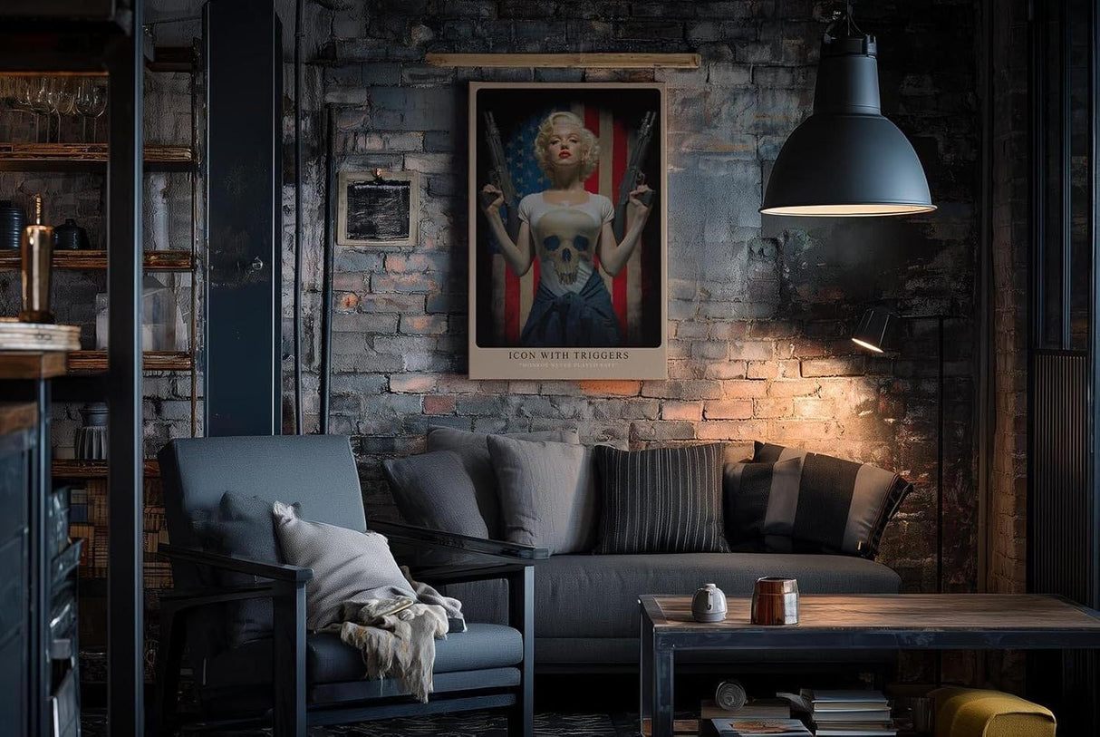 Paul Sinus Wandbild in 40x60cm Marilyn Monroe mit Gewehren vor US-Flagge – provokantes Pop-Art-Motiv mit rebellischem Glamour