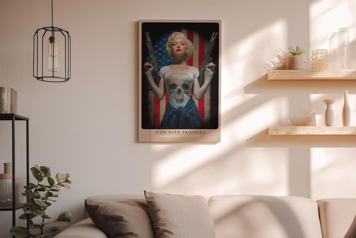 Paul Sinus Wandbild in 40x60cm Marilyn Monroe mit Gewehren vor US-Flagge – provokantes Pop-Art-Motiv mit rebellischem Glamour