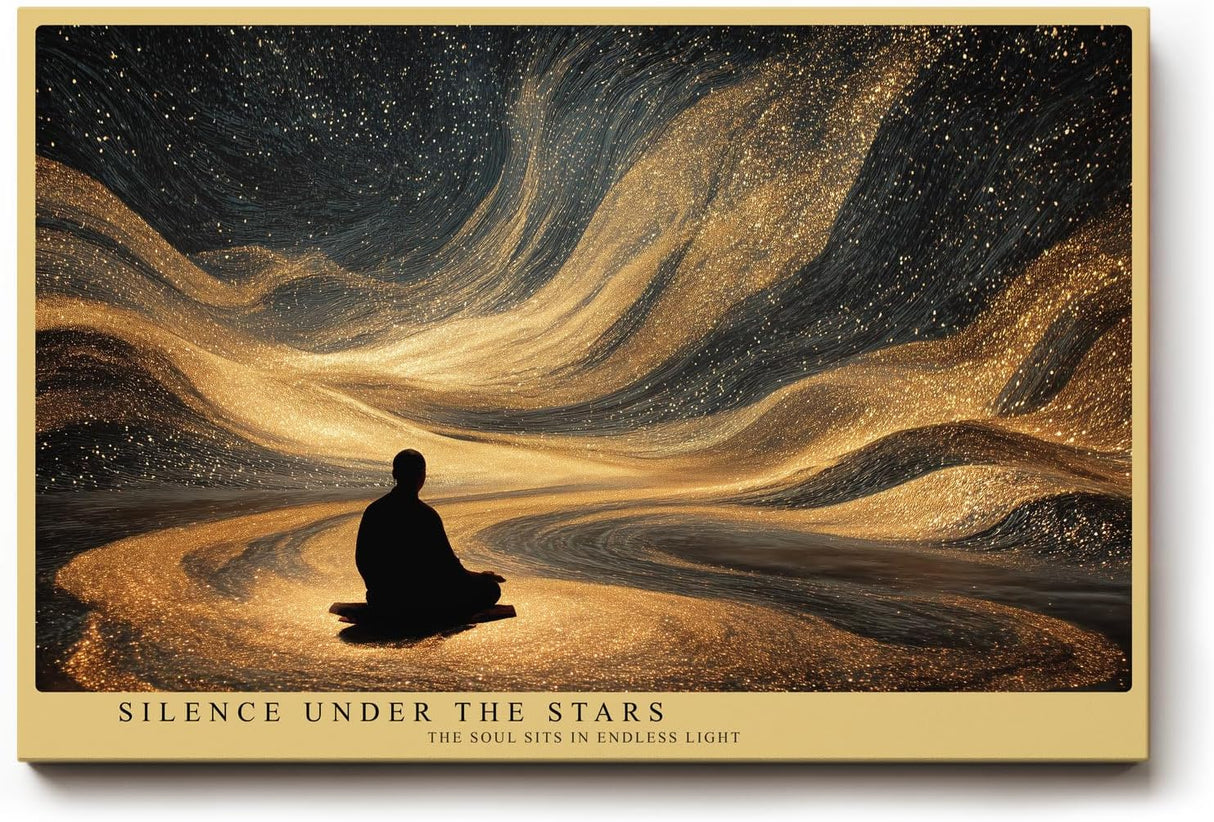 Paul Sinus Wandbild 120x80cm Meditation unter Sternenhimmel Abstrakte Goldene Galaxie Ruhige Spirituelle Kunst Wanddekoration