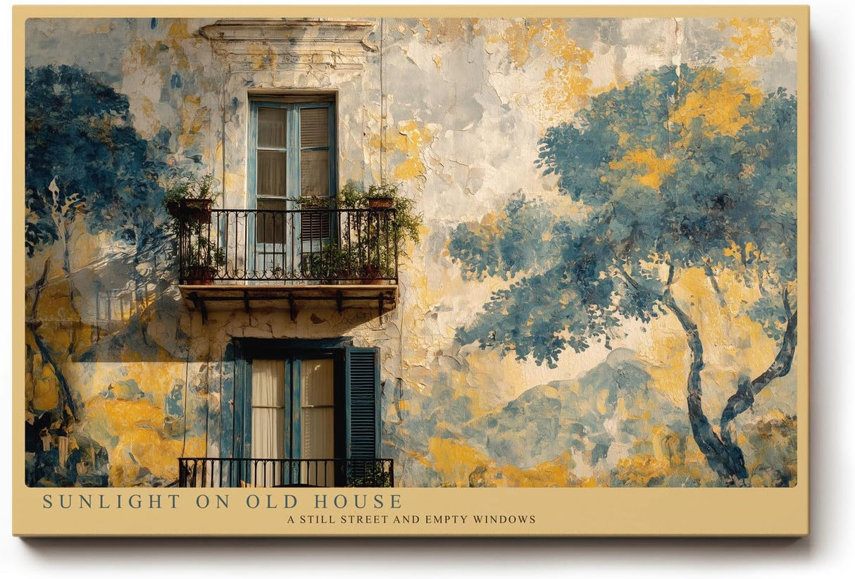 Paul Sinus Wandbild 120x80cm Mediterranes Haus mit Balkon Malerische Architektur Kunst in Blau Gold Wanddekoration