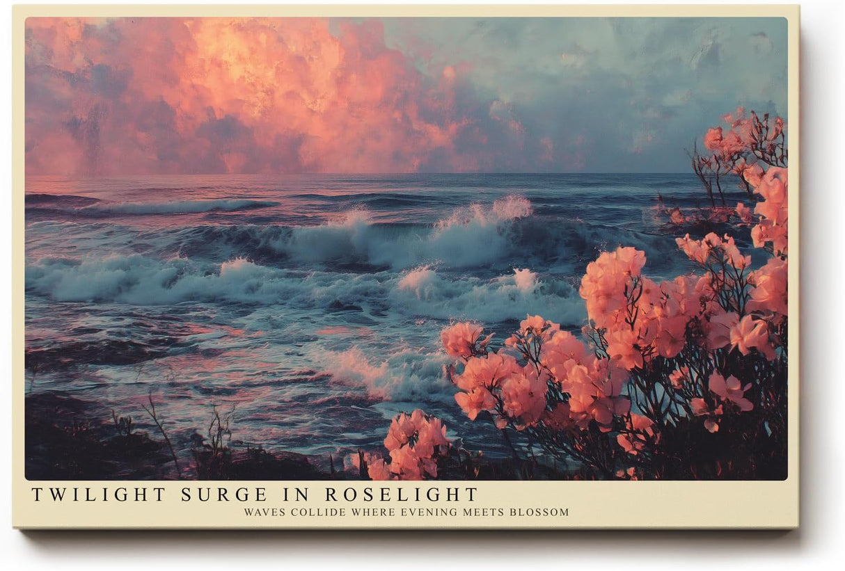 Paul Sinus Wandbild 120x80cm Meereskueste bei Sonnenuntergang mit rosa Blueten Atmosphaerische Naturkunst in Blau und Rosatoenen