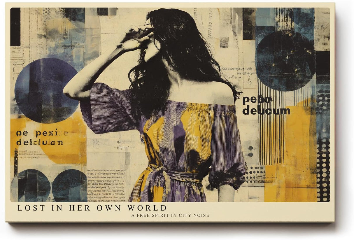 Paul Sinus Wandbild 120x80cm Moderne Collage Kunst Frau Abstrakt Gelb Blau Urbaner Kunststil Kunstdruck Poster Grosse Wanddekoration fuer Wohnzimmer Büro Atelier