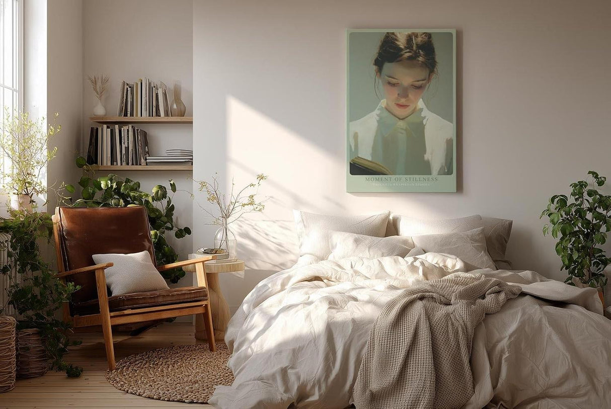 Paul Sinus Wandbild in 40x60cm Moment of Stillness – Zartes Porträt einer jungen Frau, vertieft in ein Buch, lichtdurchflutete moderne Bilder mit sanften Farbnuancen, harmonisch und inspirierend