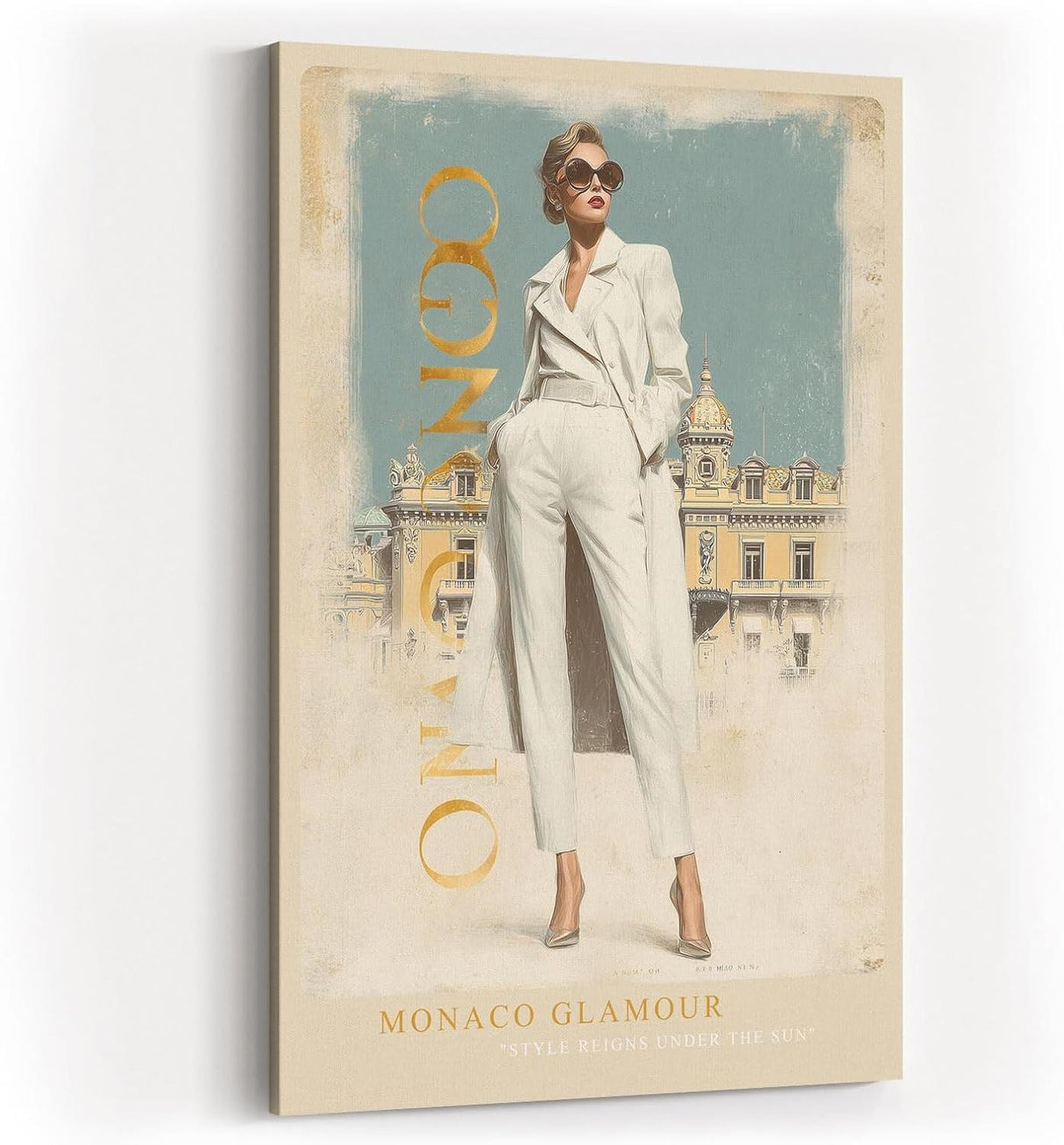 Paul Sinus Wandbild in 40x60cm Monaco Glamour Frau im weißen Anzug vor Casino de Monte-Carlo luxuriöse Kunst auf Leinwand