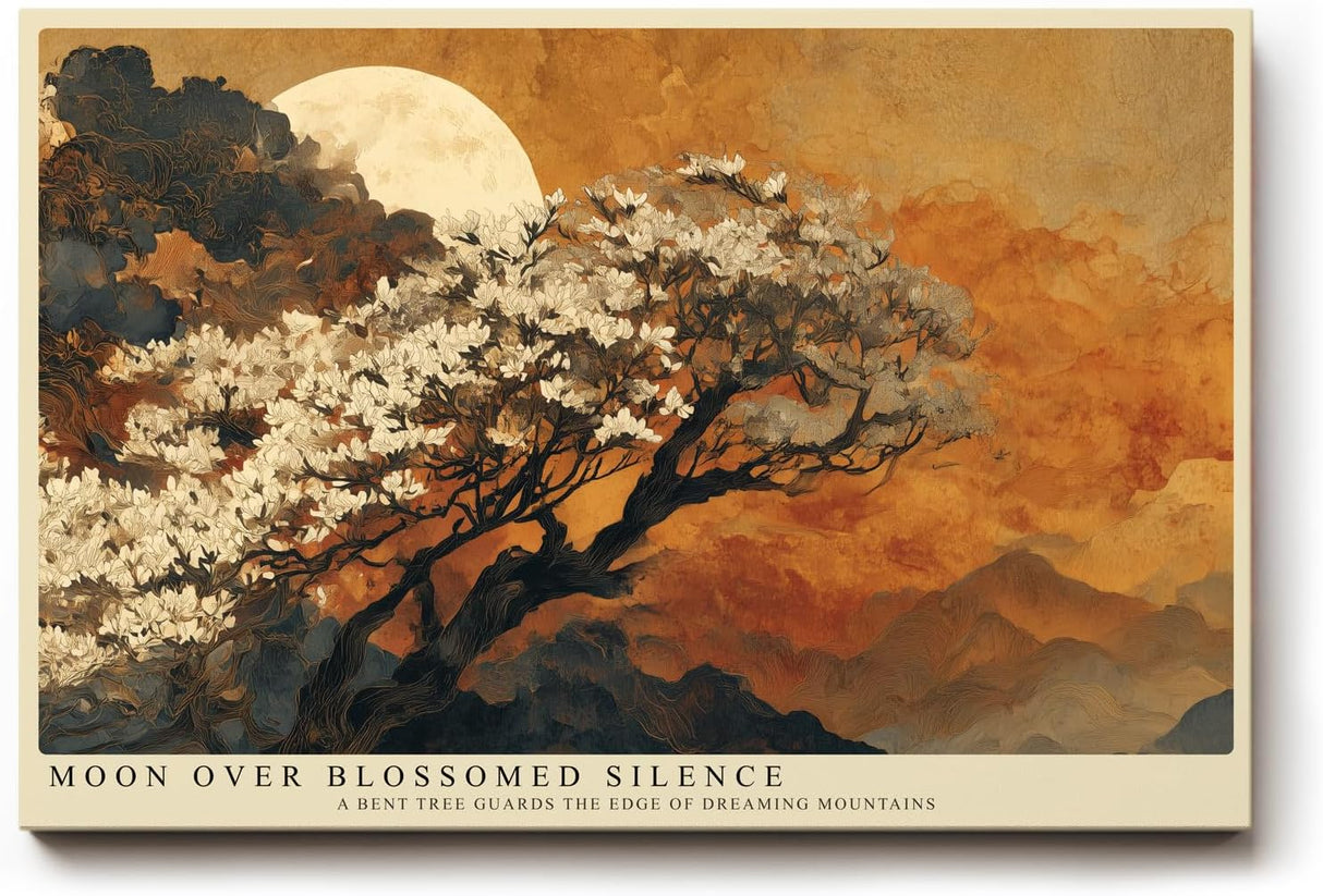 Paul Sinus Wandbild 120x80cm Mond Landschaft Baum Blueten Asiatische Natur Kunstmotiv Abendliche Bergszene mit Vollmond