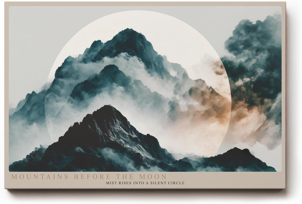 Paul Sinus Wandbild 120x80cm Mountains Before the Moon mystische Berglandschaft mit Mond Nebel moderne Natur Kunst Poster für Wohnzimmer Schlafzimmer Büro