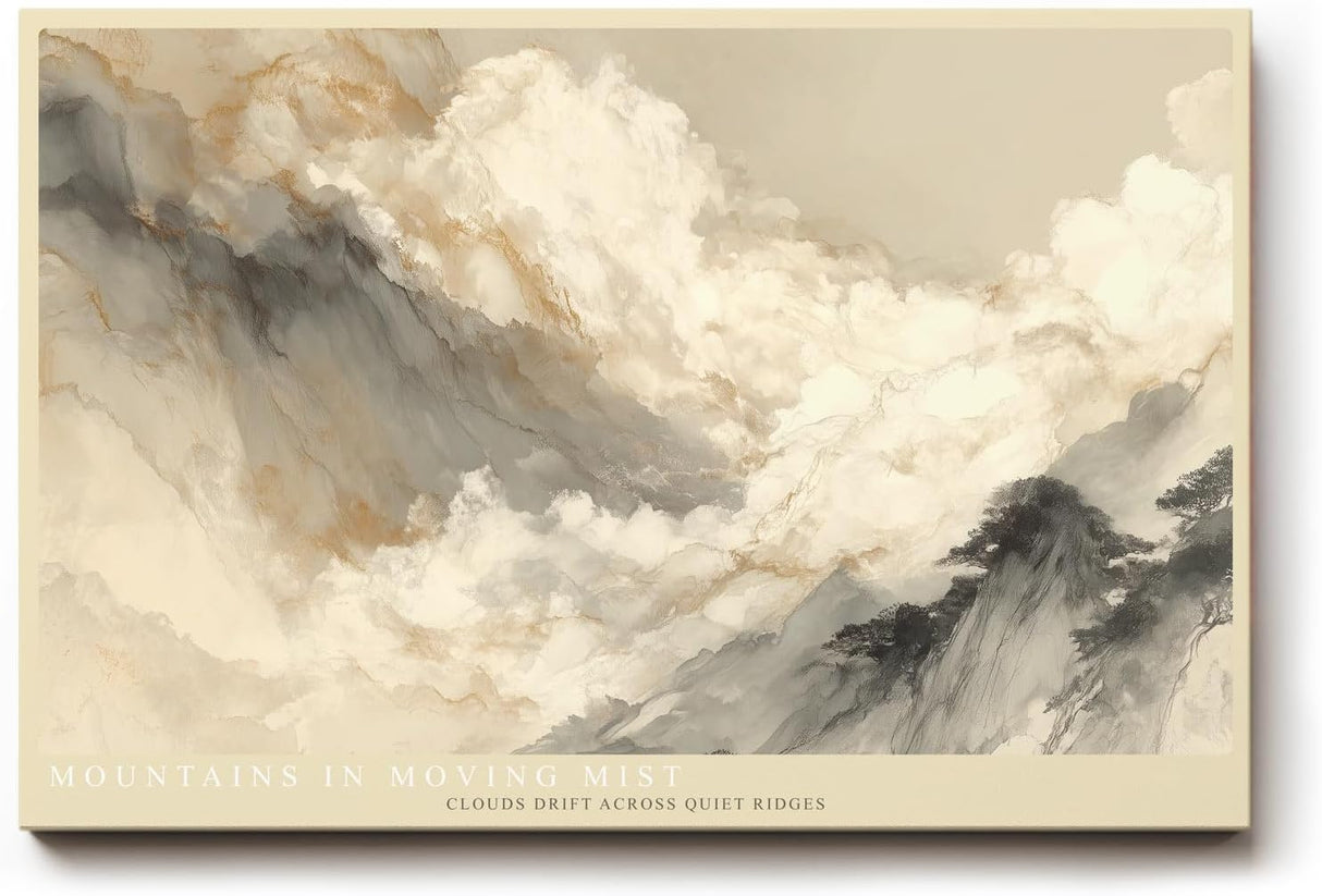 Paul Sinus Wandbild 120x80cm Mountains in Moving Mist asiatische Berglandschaft mit Nebel minimalistische Natur Kunst Poster für Wohnzimmer Schlafzimmer Büro