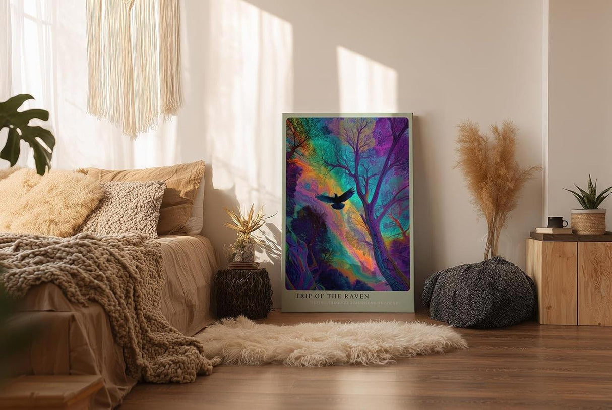 Paul Sinus Wandbild in 40x60cm Mystischer Rabe im farbintensiven Wald – surreales Kunstwerk mit leuchtenden Regenbogenfarben