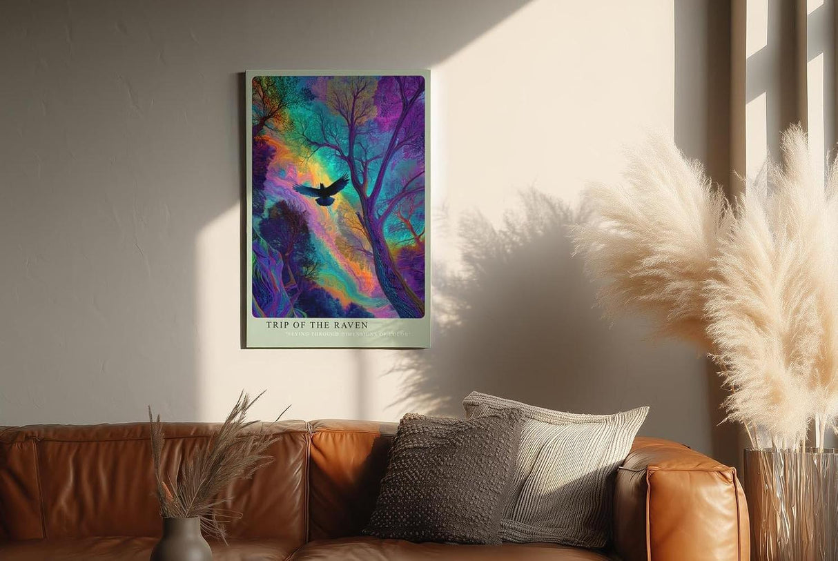 Paul Sinus Wandbild in 40x60cm Mystischer Rabe im farbintensiven Wald – surreales Kunstwerk mit leuchtenden Regenbogenfarben