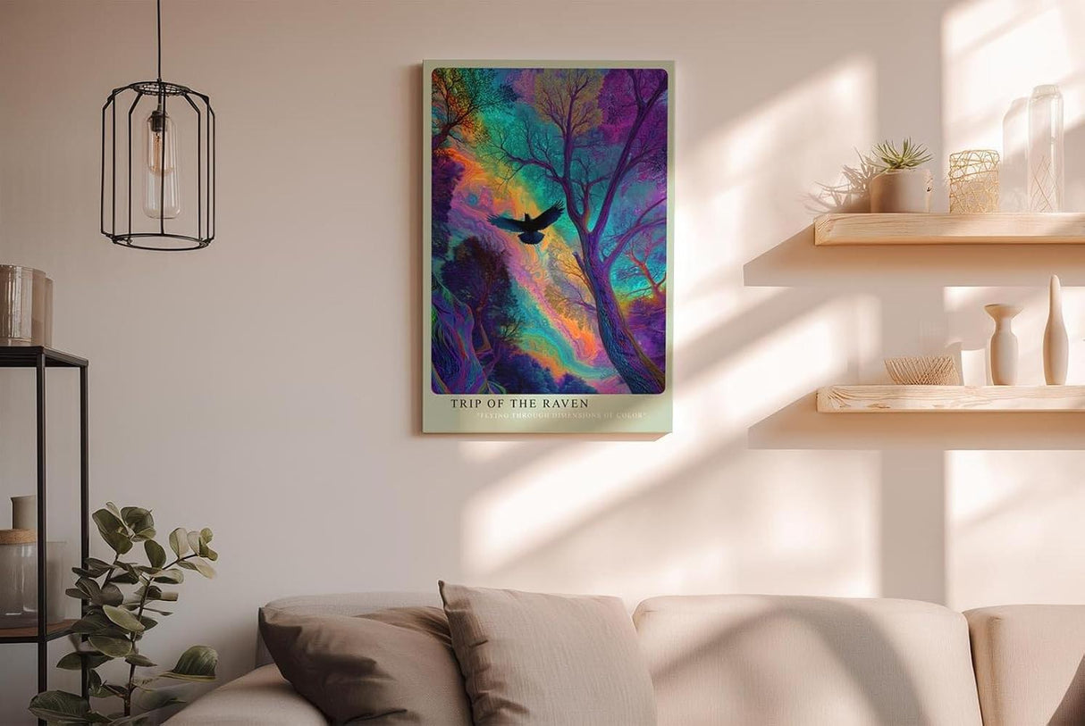 Paul Sinus Wandbild in 40x60cm Mystischer Rabe im farbintensiven Wald – surreales Kunstwerk mit leuchtenden Regenbogenfarben