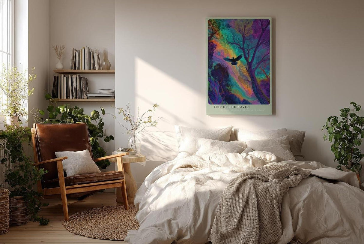 Paul Sinus Wandbild in 40x60cm Mystischer Rabe im farbintensiven Wald – surreales Kunstwerk mit leuchtenden Regenbogenfarben