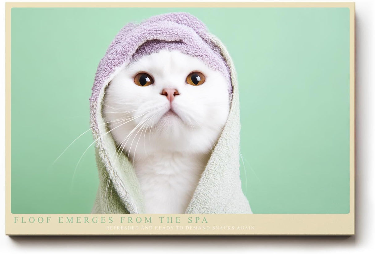 Paul Sinus Wandbild 120x80cm Niedliche weisse Katze mit Handtuch Kapuze charmantes Tierportraet