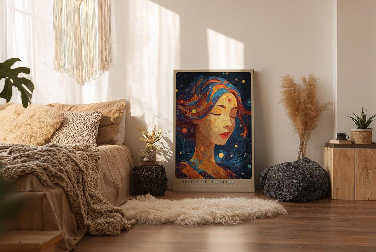 Paul Sinus Wandbild in 40x60cm Oracle of the Stars Abstraktes Frauenporträt mit Sternenmotiven und leuchtenden Farbdetails für inspirierende Raumgestaltung