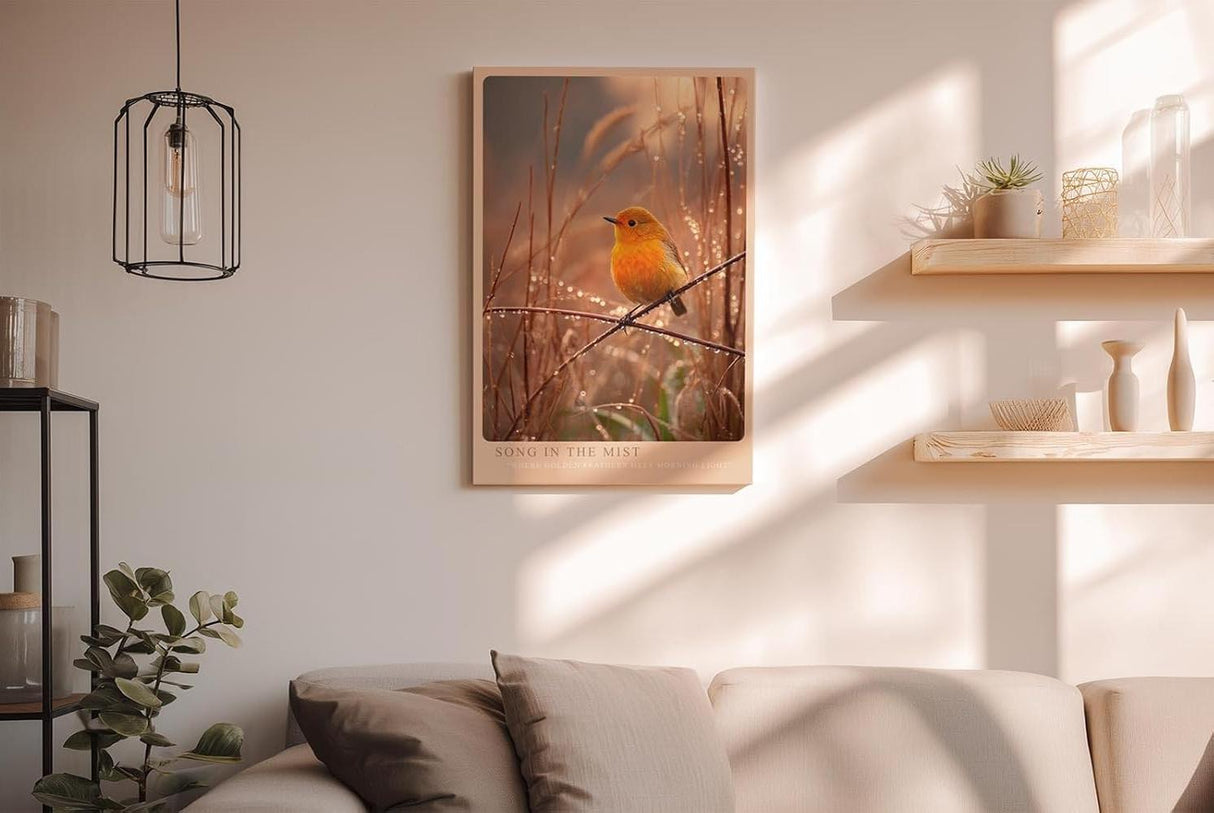 Paul Sinus Wandbild in 40x60cm Oranger Singvogel im Morgentau mit goldener Lichtstimmung