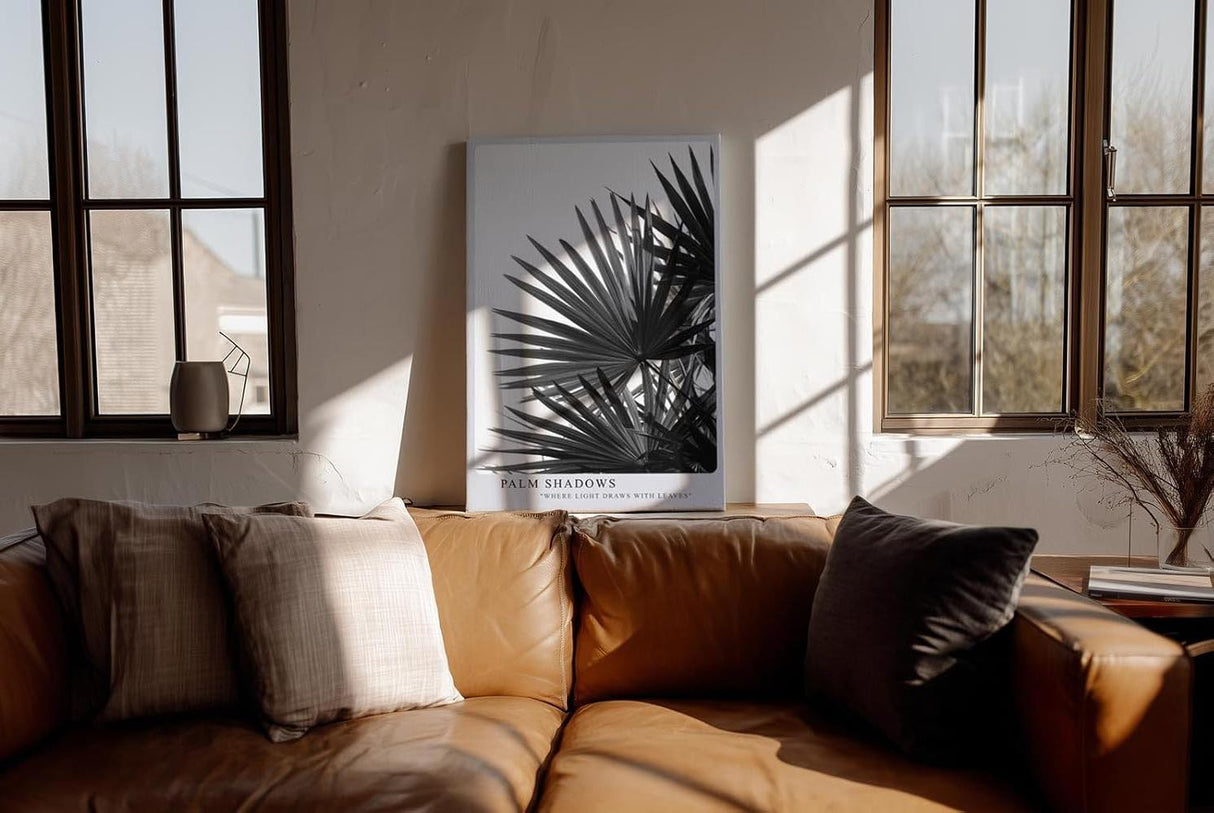 Paul Sinus Wandbild in 40x60cm Palm Shadows – Schwarz-weißes Palmenblattmotiv mit markanten Lichtund Schattenspielen