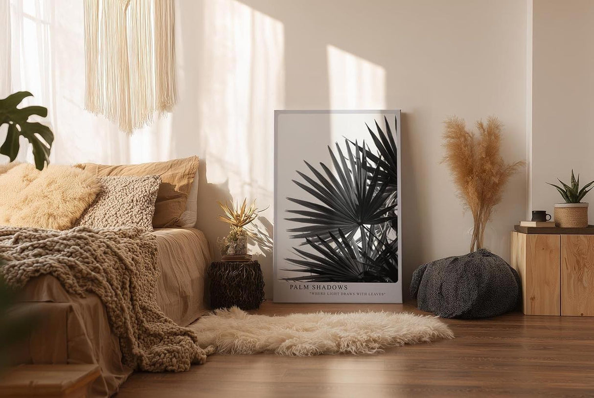 Paul Sinus Wandbild in 40x60cm Palm Shadows – Schwarz-weißes Palmenblattmotiv mit markanten Lichtund Schattenspielen