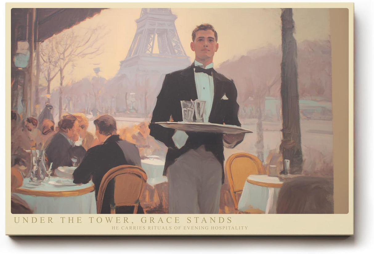 Paul Sinus Wandbild 120x80cm Pariser Cafe Szene mit Kellner und Eiffelturm stilvolle Stadtkunst fuer elegante Wohnräume