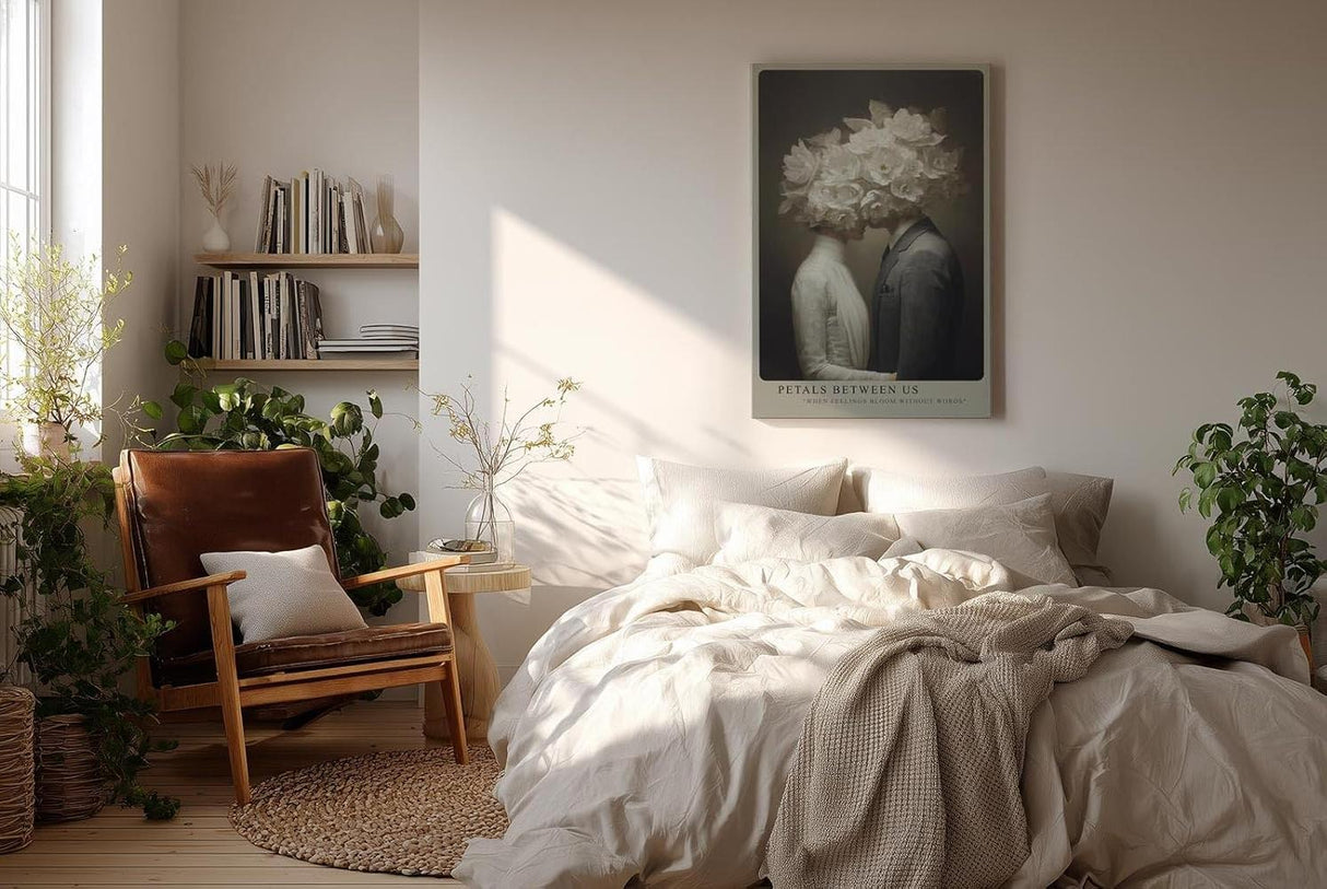 Paul Sinus Wandbild in 40x60cm Petals Between Us – Ausdrucksstarke Kunst mit blühenden weißen Blüten als Symbol für stille Verbundenheit
