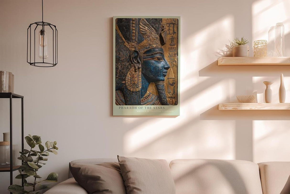 Paul Sinus Wandbild in 40x60cm Pharaoh of the Stars – Ägyptisches Herrscherprofil in Blau-Gold mit Hieroglyphen