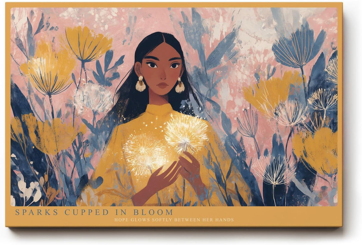 Paul Sinus Wandbild 120x80cm Poetisches Frauenportrait mit Blumen und Licht Moderne Illustration in warmen Naturfarben