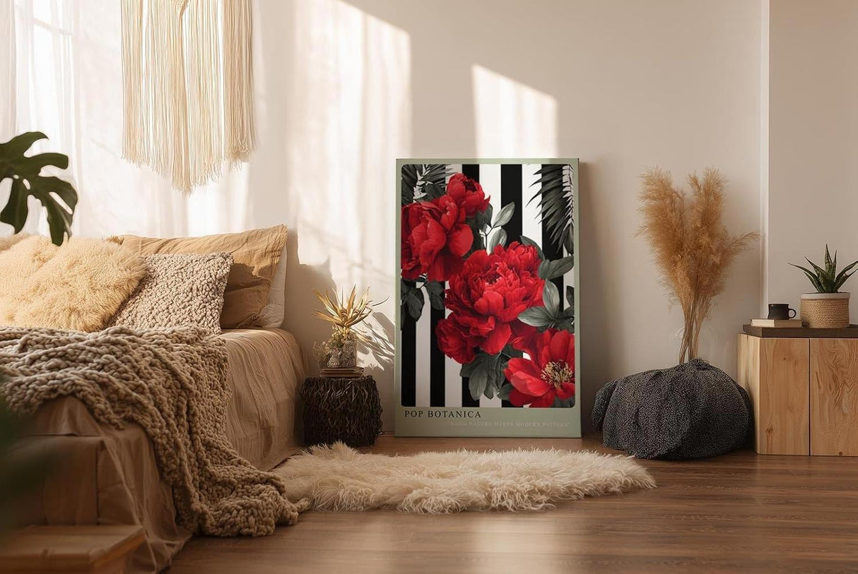 Paul Sinus Wandbild in 40x60cm Pop Botanica – Rote Pfingstrosen vor schwarz-weißem Streifenmuster