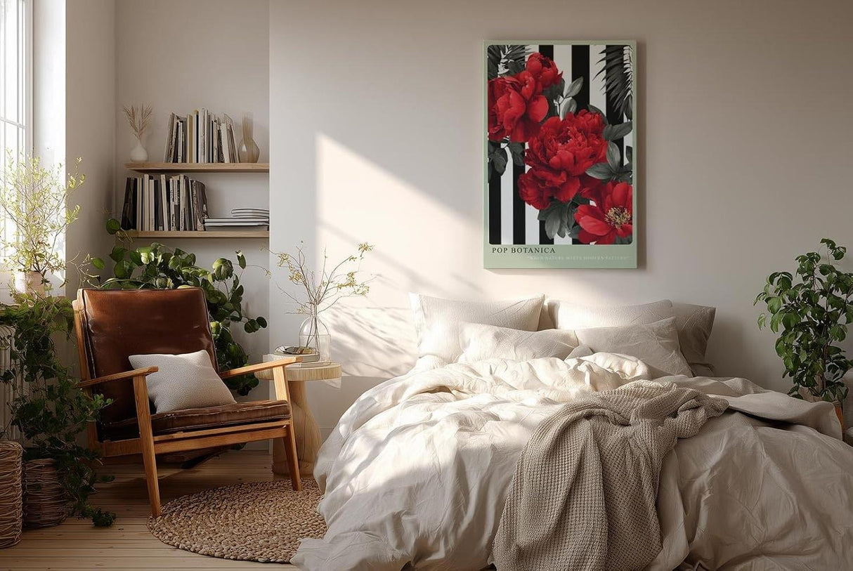 Paul Sinus Wandbild in 40x60cm Pop Botanica – Rote Pfingstrosen vor schwarz-weißem Streifenmuster