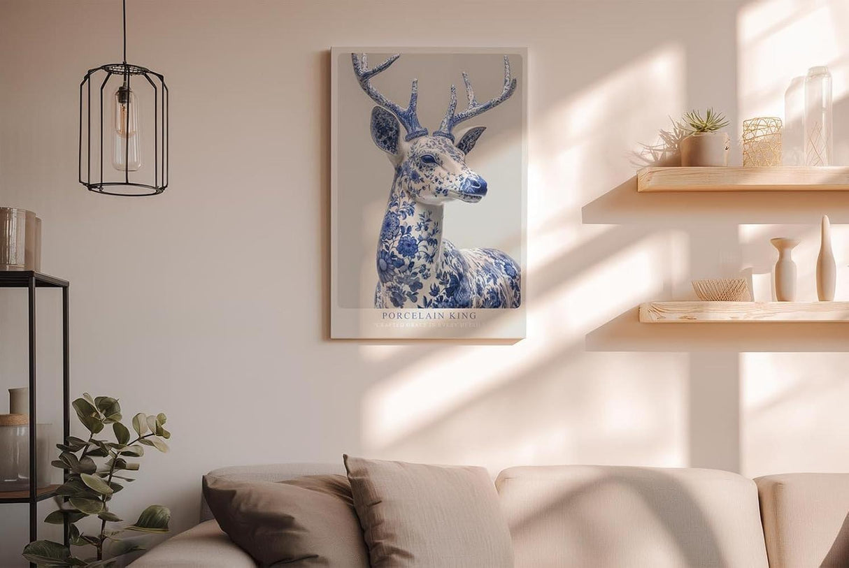 Paul Sinus Wandbild in 40x60cm Porcelain King – majestätischer Hirsch in edler Blau-Weiß-Optik mit detailreicher Porzellanstruktur