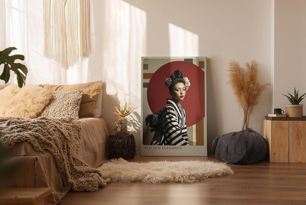Paul Sinus Wandbild in 40x60cm Red Sun Elegance Porträt einer Frau im gestreiften Kimono vor rotem Kreis mit floralen Haarakzenten für elegante Raumgestaltung
