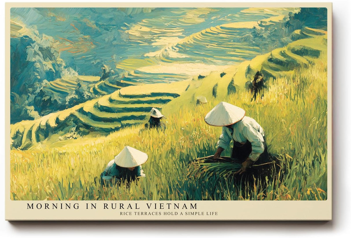 Paul Sinus Wandbild 120x80cm Reisfelder Vietnam Landschaft Kunst in Grün und Gold für Wohnzimmer Büro und Atelier