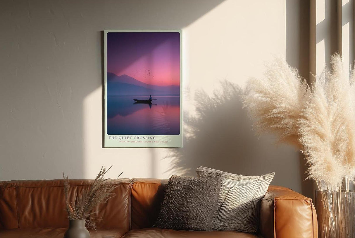 Paul Sinus Wandbild in 40x60cm Ruderboot auf stillem See bei Sonnenuntergang mit Bergen und Vogelschwarm im Hintergrund