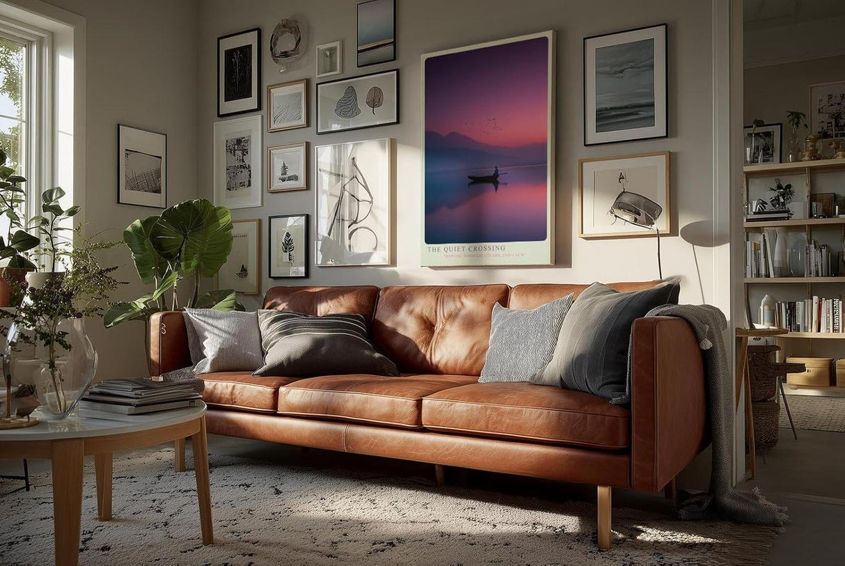 Paul Sinus Wandbild in 40x60cm Ruderboot auf stillem See bei Sonnenuntergang mit Bergen und Vogelschwarm im Hintergrund