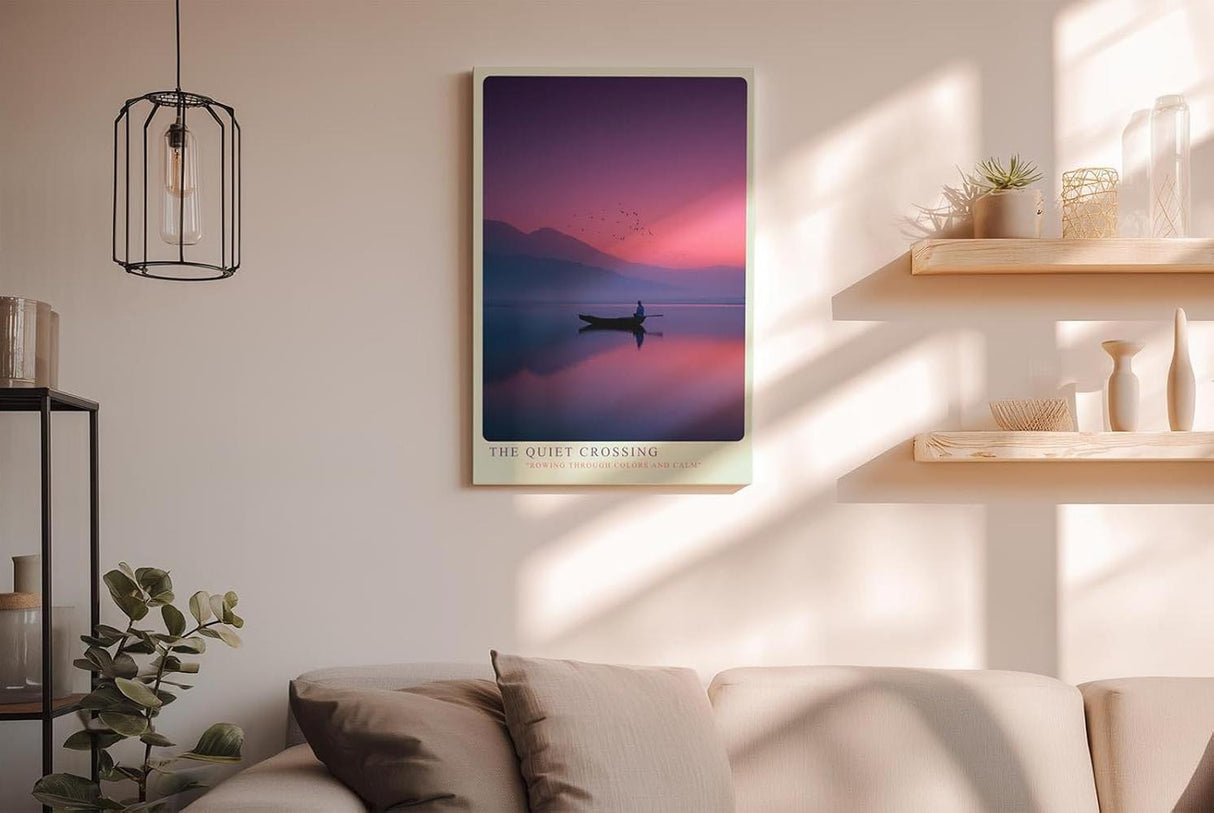 Paul Sinus Wandbild in 40x60cm Ruderboot auf stillem See bei Sonnenuntergang mit Bergen und Vogelschwarm im Hintergrund