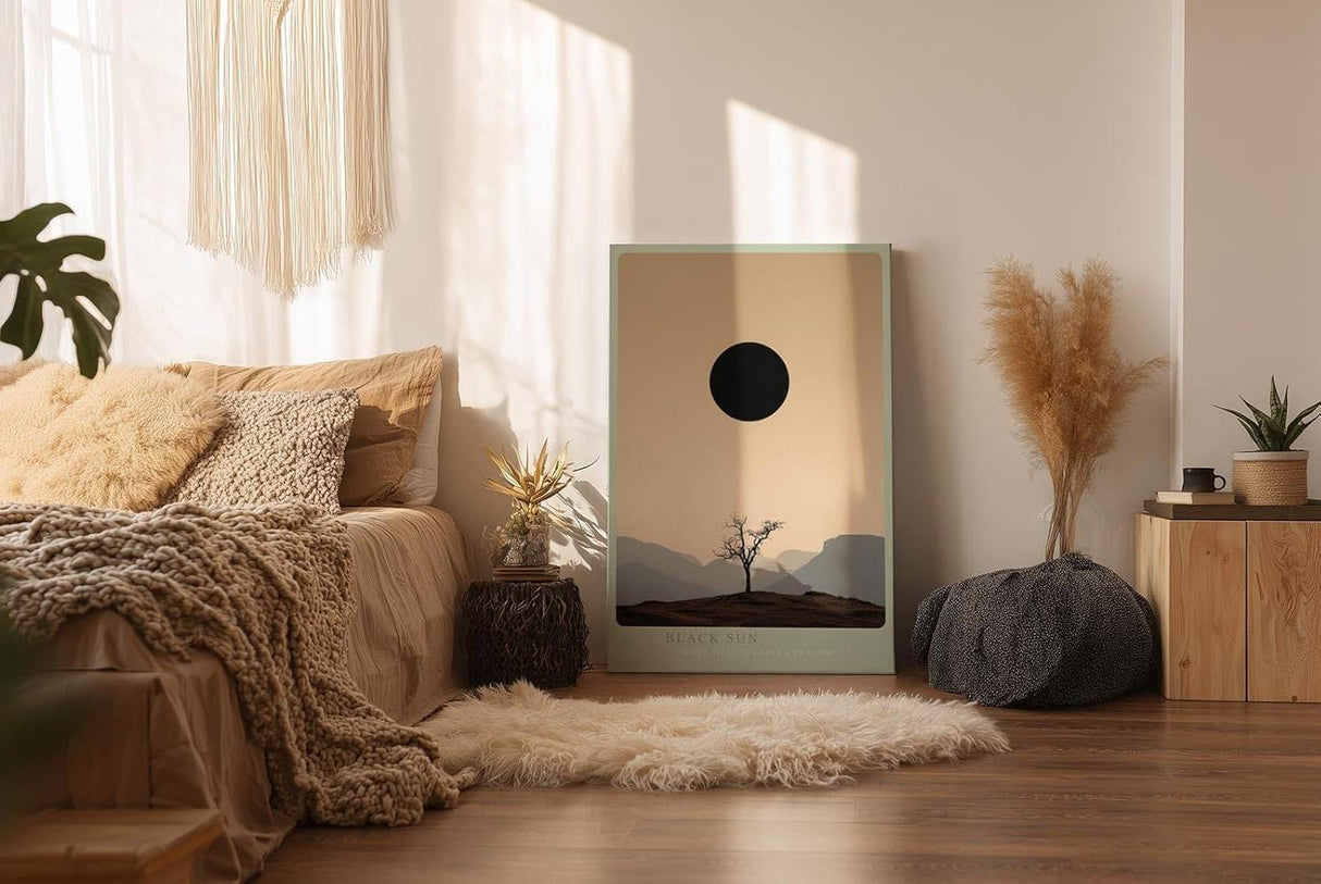 Paul Sinus Wandbild in 40x60cm Schwarze Sonne über karger Landschaft mit Baum und Gebirgssilhouette