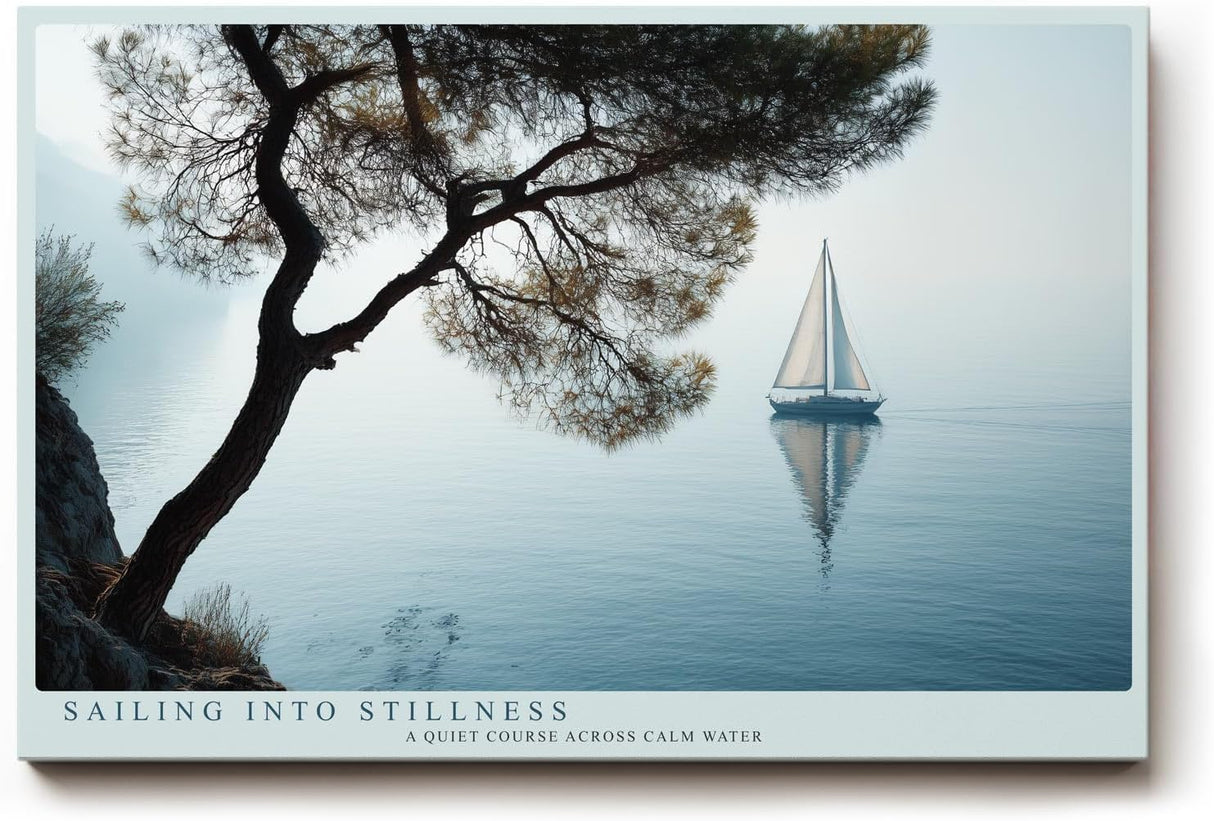 Paul Sinus Wandbild 120x80cm Segelboot auf ruhigem See minimalistische Landschaft blau grau maritimes Kunstmotiv moderne Wanddekoration fuer Wohnzimmer Büro